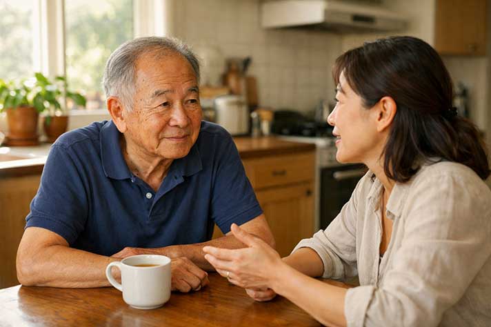 Elderly Chinese-Australian man and his adult daughter sitting together at a kitchen table, in warm conversation
