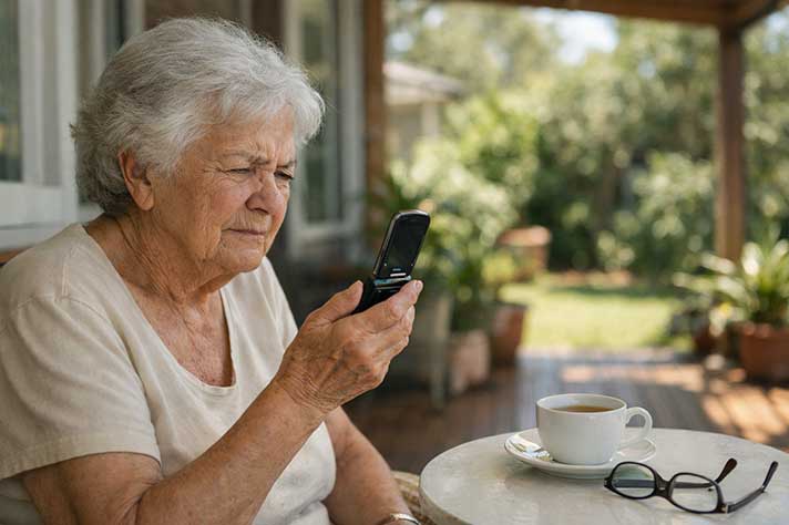 Elderly Greek woman sitting on a sunny back veranda, looking with mild frustration at a flip phone in her hand