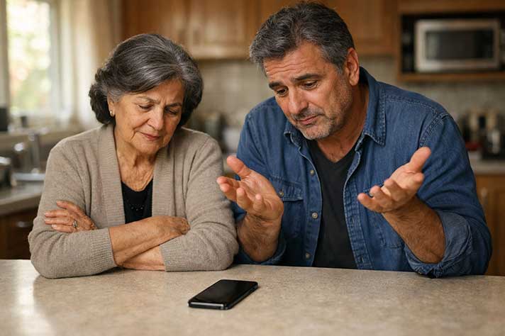 A son in his 50s and his elderly mother in her 80s standing at a kitchen bench, both looking frustrated at a smartphone lying between them