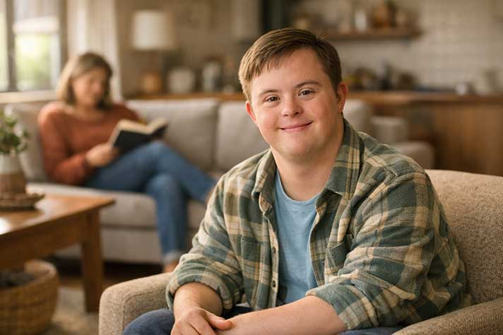 Young adult with Down syndrome at home with a family member nearby, depicting supported independence