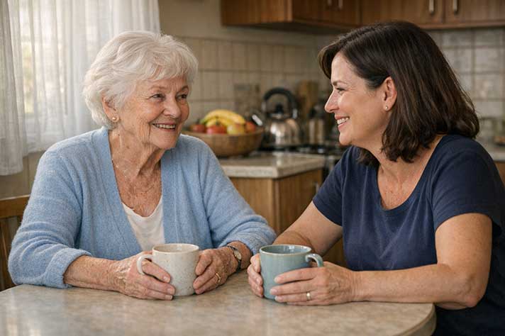 An elderly Australian woman sitting comfortably at home with a family member, warm and reassuring atmosphere