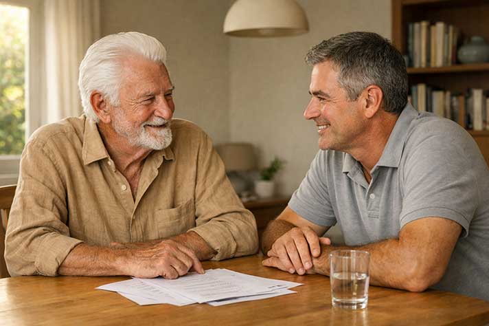 An elderly Australian man seated at a sunlit dining table with his adult son, both relaxed and looking over some paperwork together