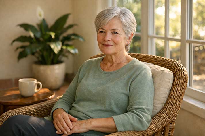 An older woman with silver hair sitting in a sunlit sunroom, hands resting comfortably in her lap, a calm and content expression on her face