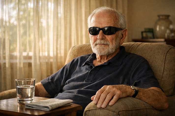 An older man wearing dark sunglasses sitting quietly in a sunlit lounge room, his hand resting on the arm of a chair, conveying calm independence