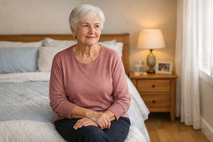 An older woman with short white hair sitting on the edge of a neatly made bed in a sunlit bedroom, looking calm and self-assured