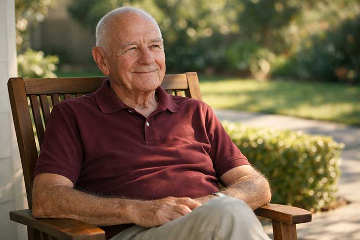 An elderly man with close-cropped grey hair, wearing a burgundy polo shirt, sitting comfortably in a wooden garden chair on a sunny front porch, looking relaxed and at ease