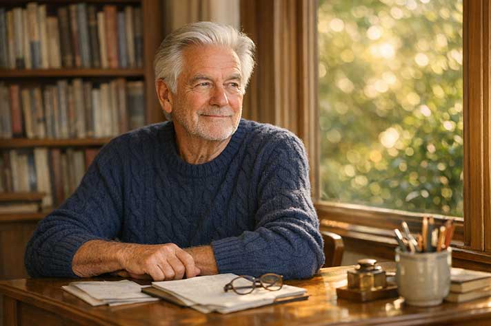 An elderly man with silver hair seated at a small desk in a bright home study, facing a window with a garden view, with a calm and content expression