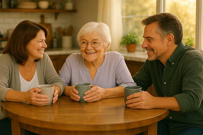 Two adult children and their elderly mother sharing a warm conversation over tea at a kitchen table