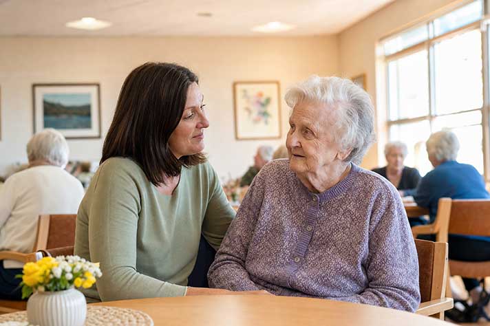 Middle-aged woman with dark hair sitting beside her elderly mother at a community centre activity table, offering warm reassurance