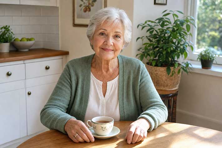 Elderly Australian woman sitting at a sunny kitchen table with a cup of tea, looking calm and relaxed at home