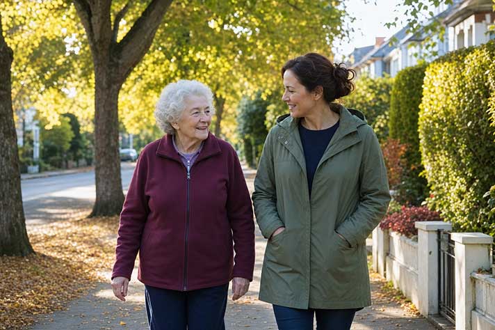 An elderly woman with silver hair in a burgundy jacket walking along a leafy suburban path with her adult daughter, both smiling in afternoon sunlight