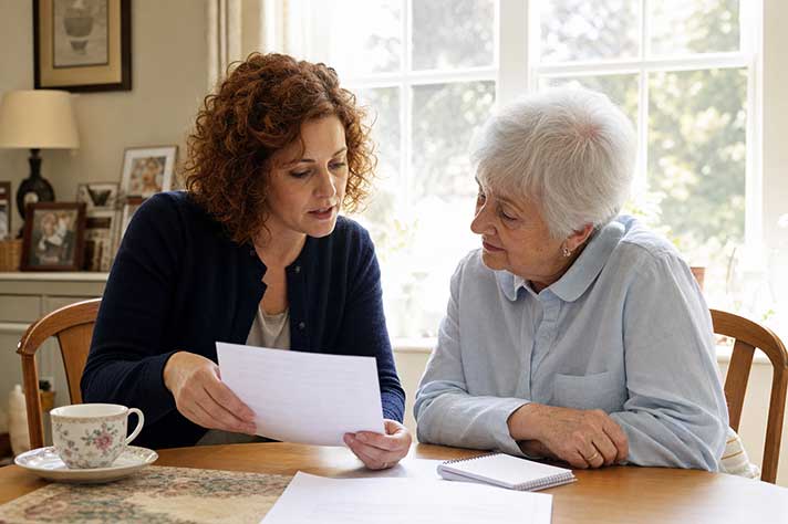 An occupational therapist seated at a table with an elderly female client, reviewing a device recommendation document in a bright home setting