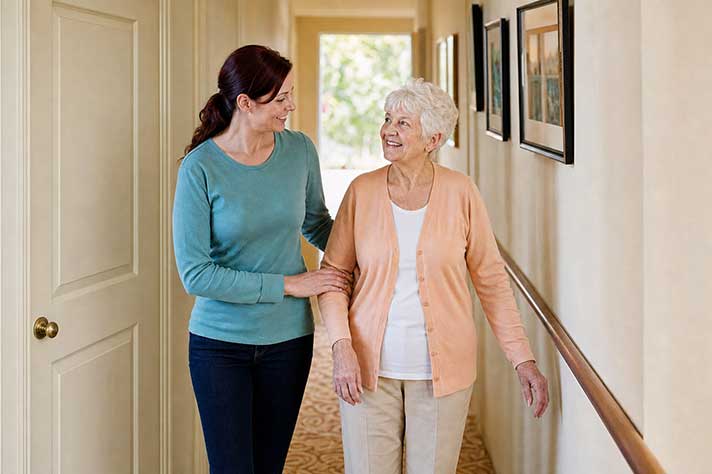 A woman in her late 30s with dark auburn hair walking beside an elderly woman with short white hair through a bright carpeted home hallway, a wooden grab rail on the wall beside them, warm afternoon light