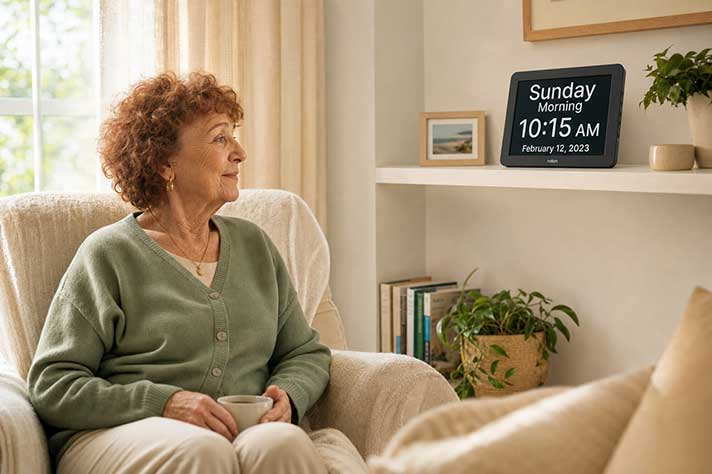 An older woman sitting in a bright living room, looking at a large day clock on a shelf showing the day, date and time clearly