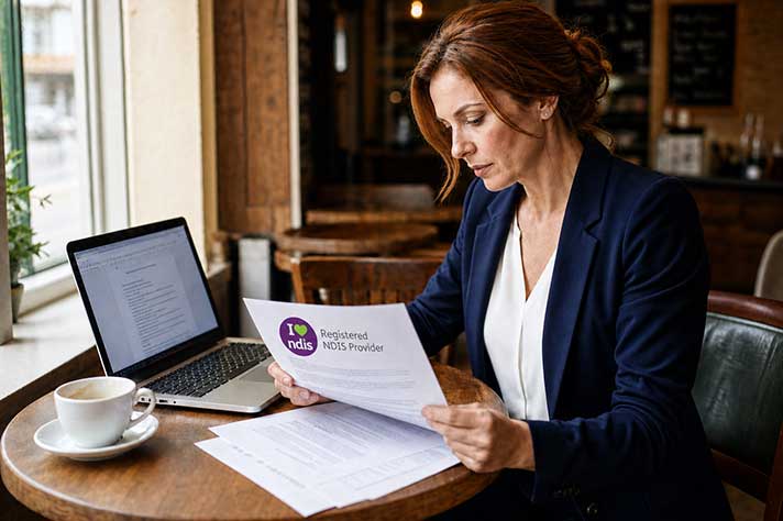 A woman in her late 30s sits at a quiet cafe table with a laptop and printed NDIS paperwork spread in front of her, focused on reviewing the documents