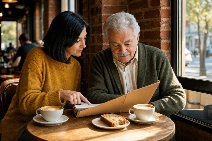 An older man and his adult daughter at a cafe table, reading through a folder of papers together in warm afternoon light