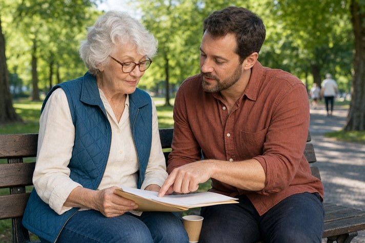 An older woman and her adult son sitting on a park bench in morning sunlight, reading through a folder of papers together