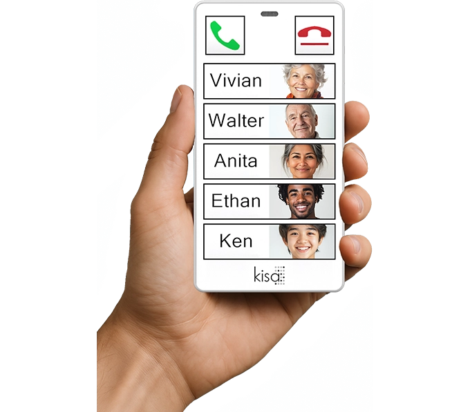Person holding a white KISA Phone showing list of contact names and corresponding photo