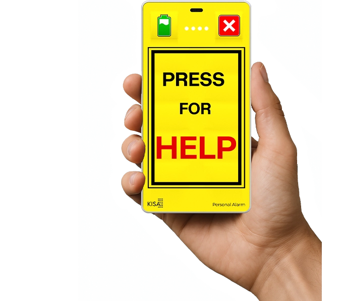 Person holding a bright yellow personal alarm with bold, large text reading 'Press for Help'
