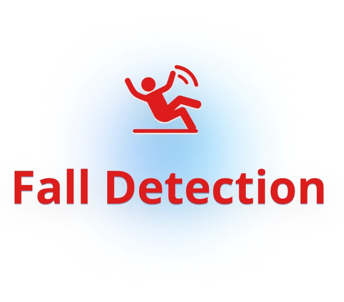 A red Fall Detection icon depicting a person falling backward and motion lines conveying movement or imbalance, serving as a visual alert for fall detection